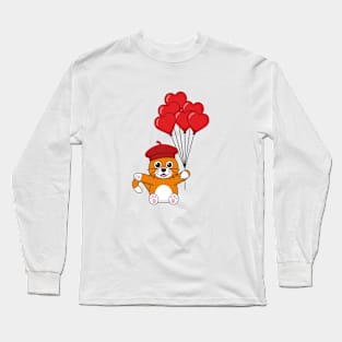 Cute Cat with Red Heart Balloons Long Sleeve T-Shirt